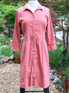 Eileen Fisher Organic Linen Blend Button Down Shirt Dress Petite M Coral Pockets